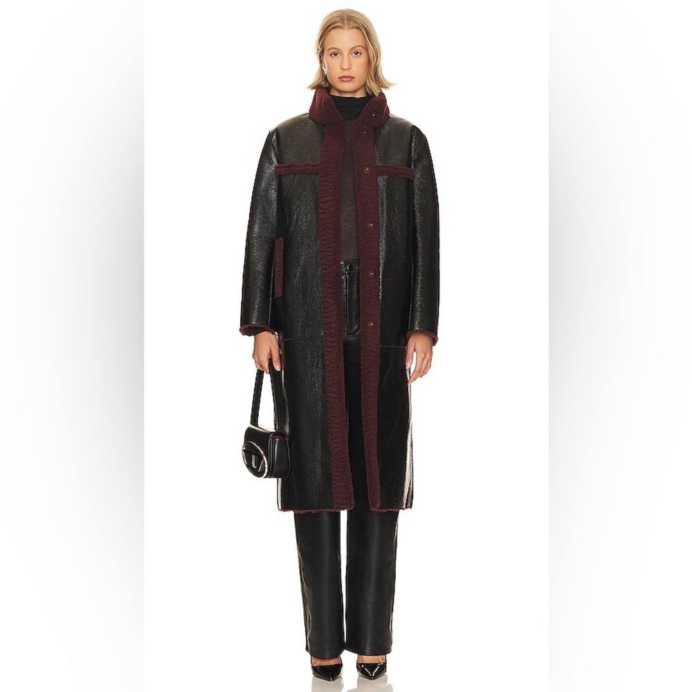 APPARIS Tilly Reversible Faux patent leather teddy Fur Shearling Coat burgundy